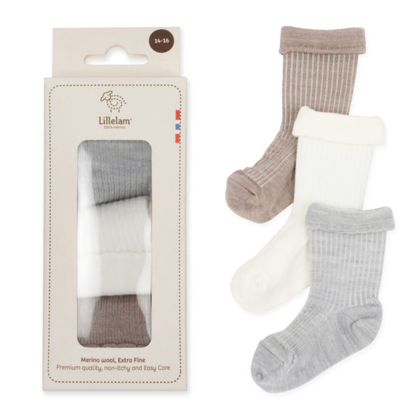 Lillelam_3pk gavesokk_mellomgrå 1 Gavepakke med ullsokker til baby